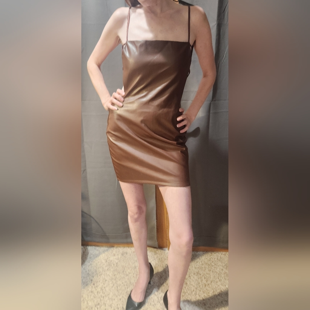 Sleek Faux Leather Brown Mini Dress